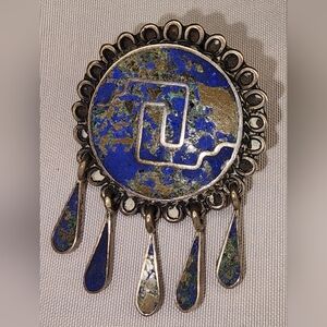 VINTAGE MEXICAN STERLING SILVER TURQUOISE INLAID MOSAIC PIN BROOCH/ PENDANT